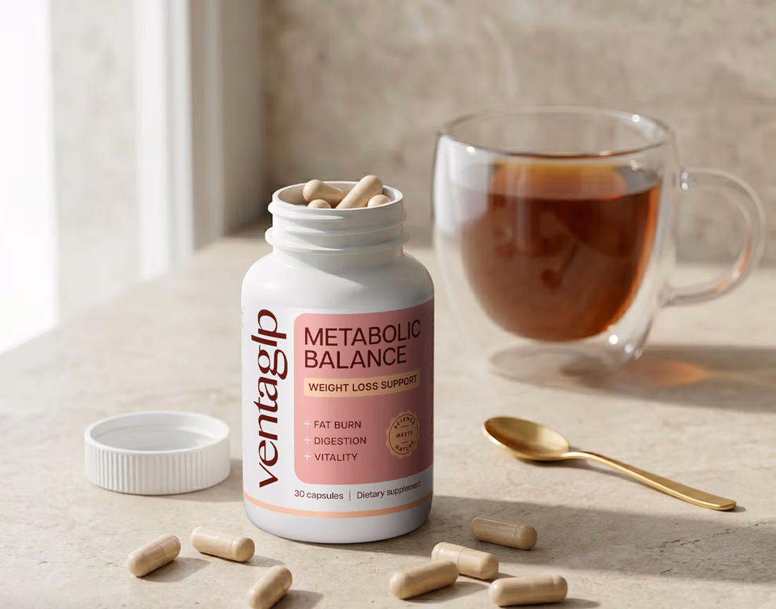 Open bottle of Venta GLP with capsules, a cup of tea and a gold spoon