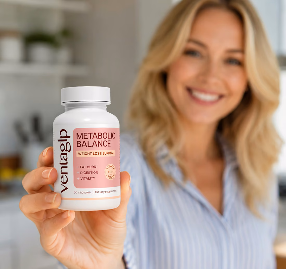 Smiling blonde woman holding up a bottle of Venta GLP